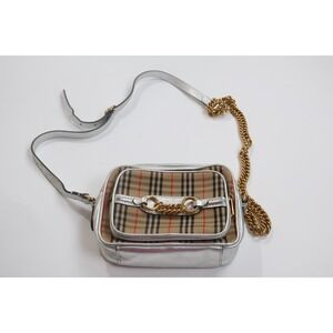 Burberry Camera Bag Crossbody Nova Check Silver Leather Gold Chain Vintage